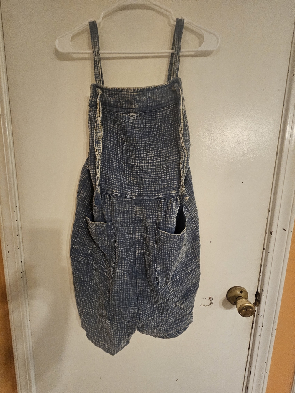 Blue Textured Pinafore Romper with Front Pockets
